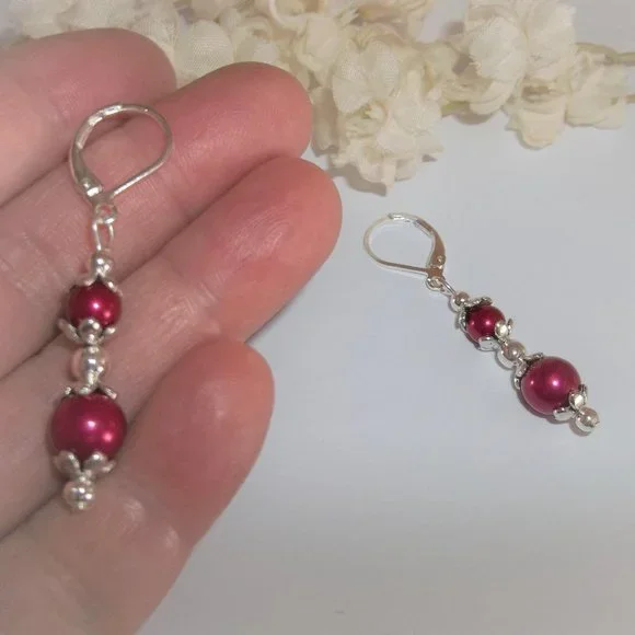 Pearl Earrings Red and Silver Beaded Dangle Drop Jewelry Set Pair NWT Gift 7350 - Picture 6 of 8